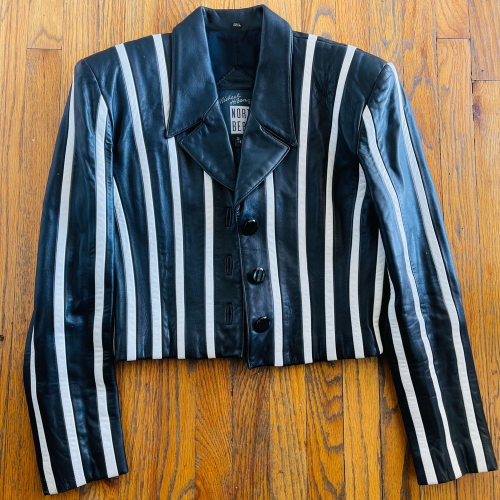 1994 Michael Hoban North Beach Black and White Striped Leather Jacket 3/4